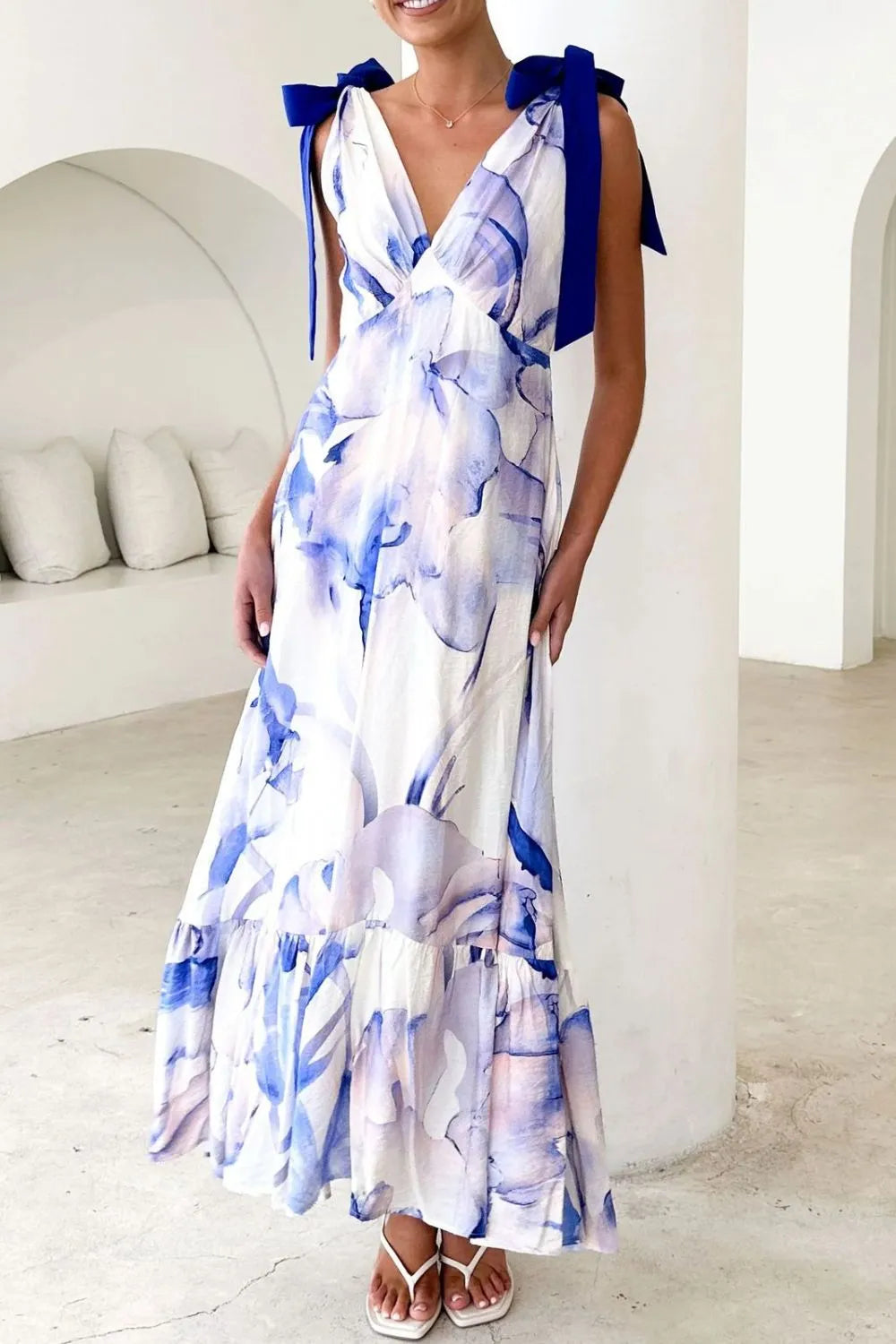 Printed V-neck Tie Shoulder Midi Cami Dress (22)