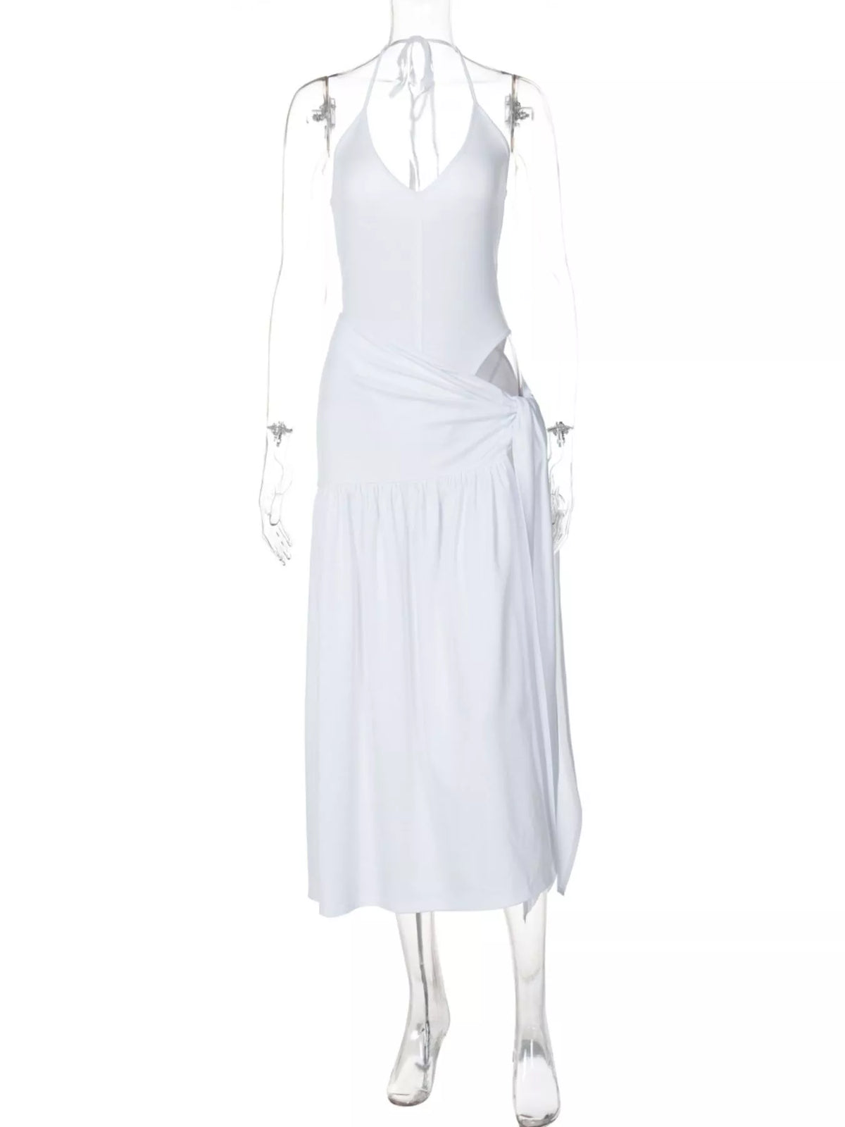 Halter Neck Ruched Bodysuit Maxi Skirt Set (9)