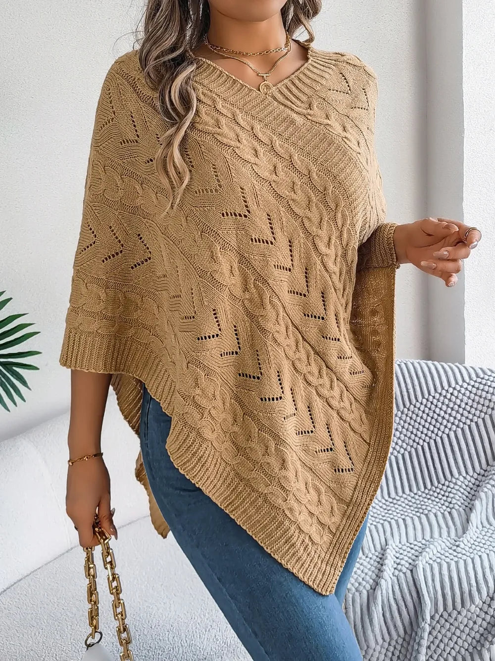 Cable-knit Openwork Three-quarter Sleeve Sweater (11)