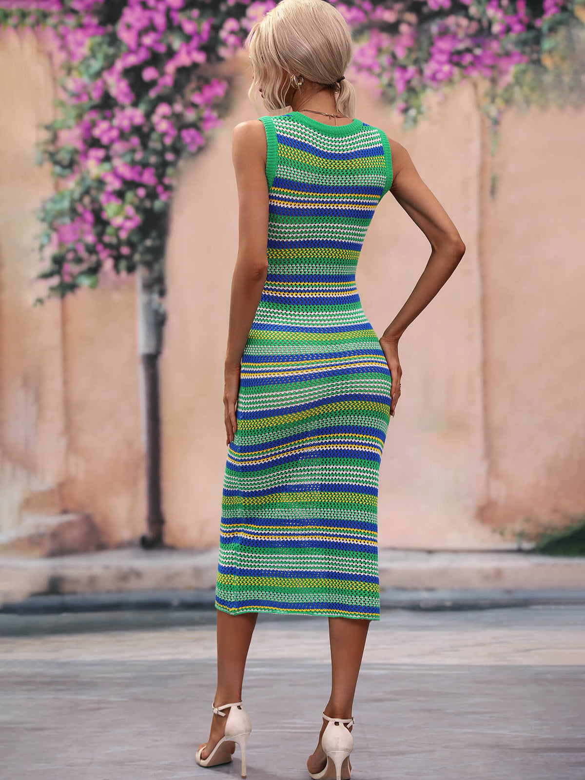 Striped Round Neck Sleeveless Midi Cover Up Dress (2)