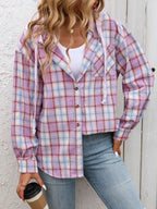 Plaid Button-up Hooded Shirt Chest Pocket (7)