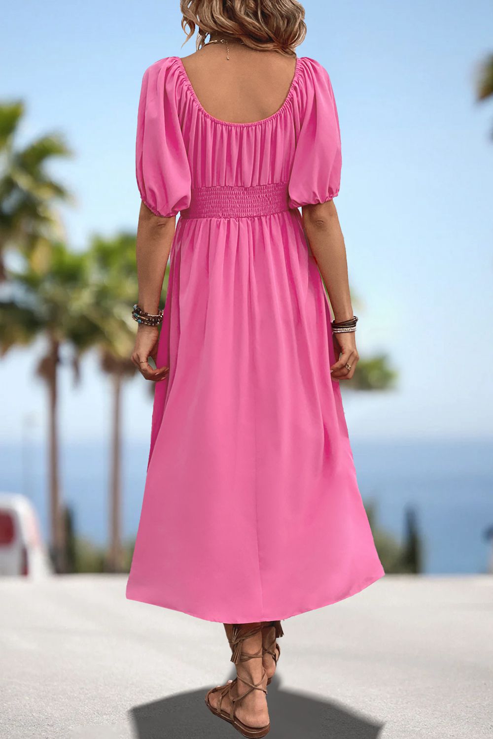 Square Neck Smocked Waist Puff Sleeve Midi Dress (2)