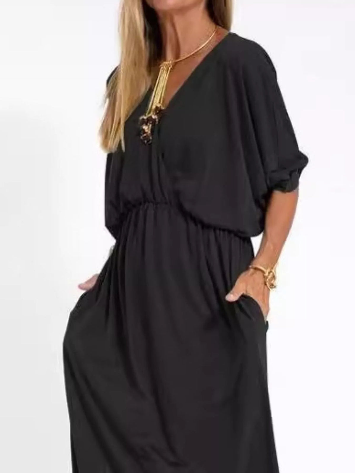 Full Size V-neck Batwing Sleeve Maxi Dress Side Slits Plus (8)