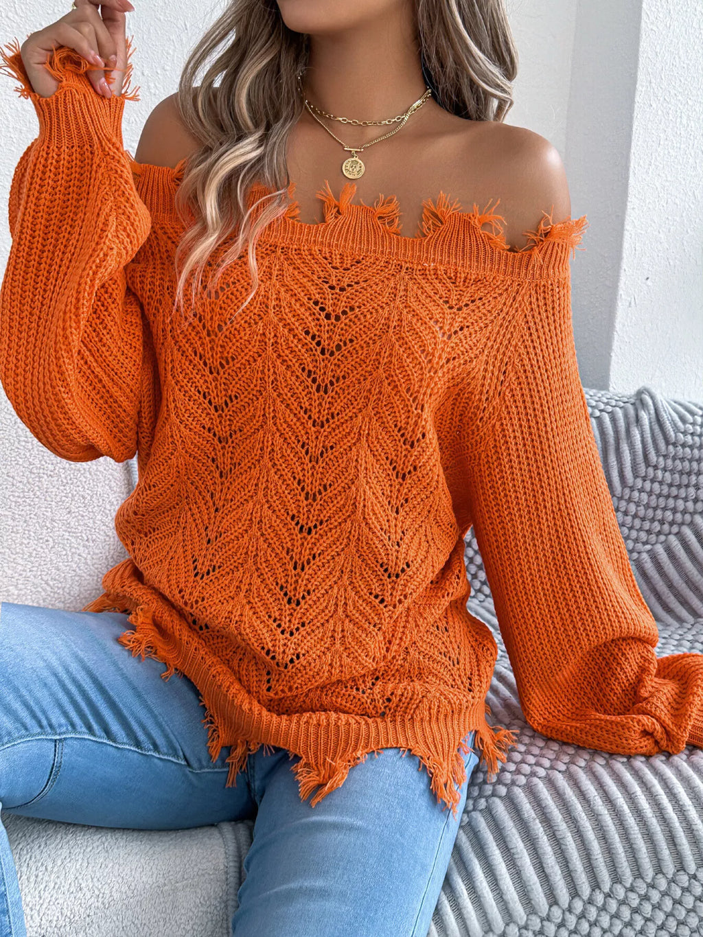 Distressed Hem Openwork Off-shoulder Sweater (2)