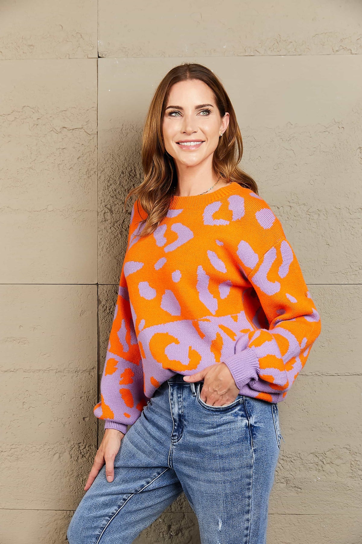 Woven Right Leopard Round Neck Dropped Shoulder Sweater (3)