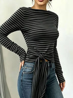 Long Sleeve Striped T-shirt Front Tie Detail (3)