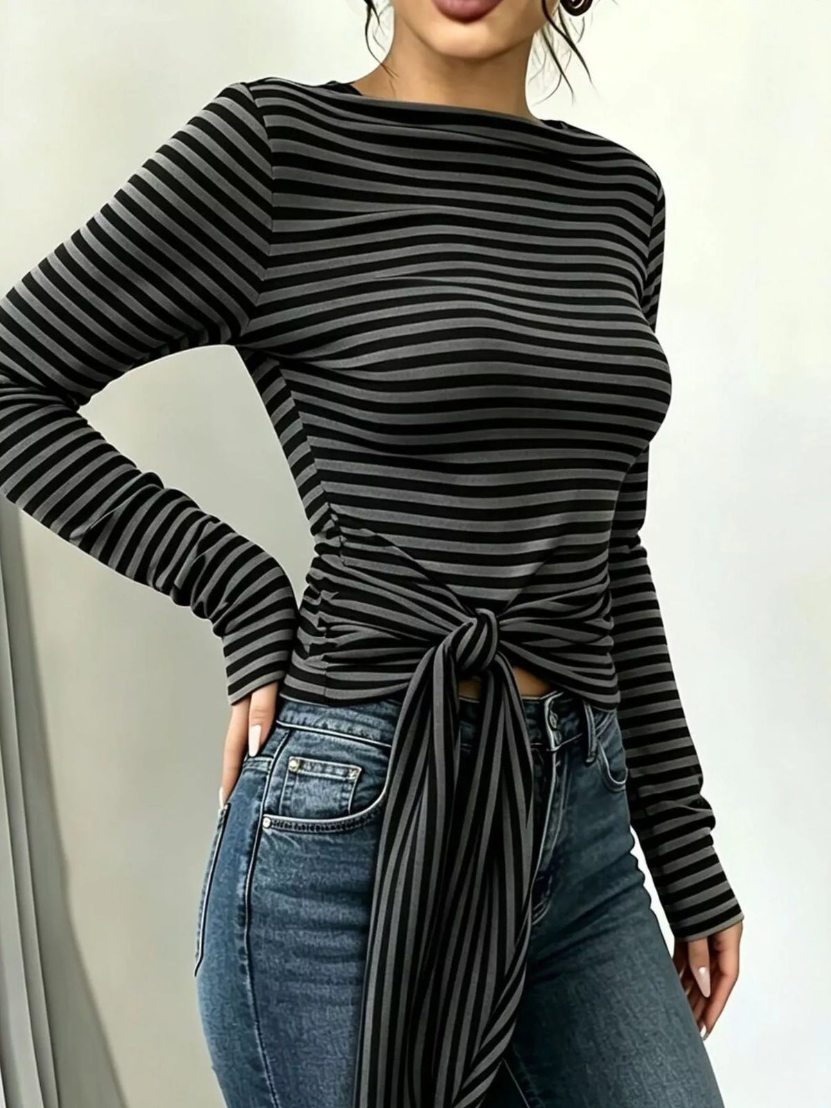 Long Sleeve Striped T-shirt Front Tie Detail (3)