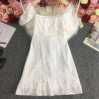 French Lace Neck Waist Square Dress variant CJLY155431301AZ|CJLY155431302BY