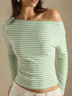 Off-shoulder Striped Ribbed Long Sleeve T-shirt (10)
