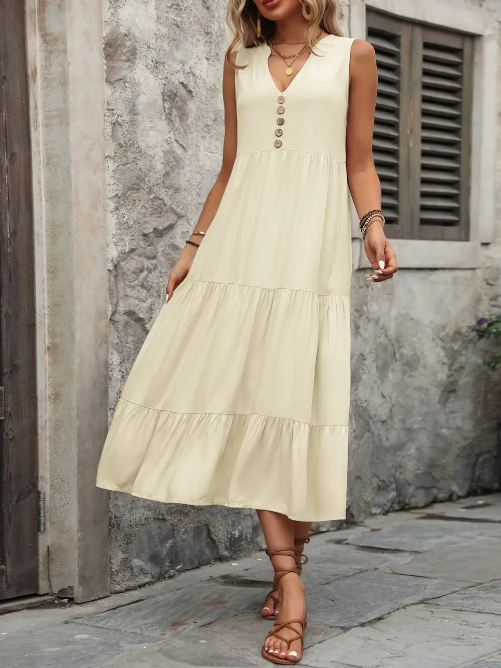 Decorative Button Notched Sleeveless Dress (27)