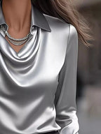 Ruched Long Sleeve Drape Collar Blouse (6)