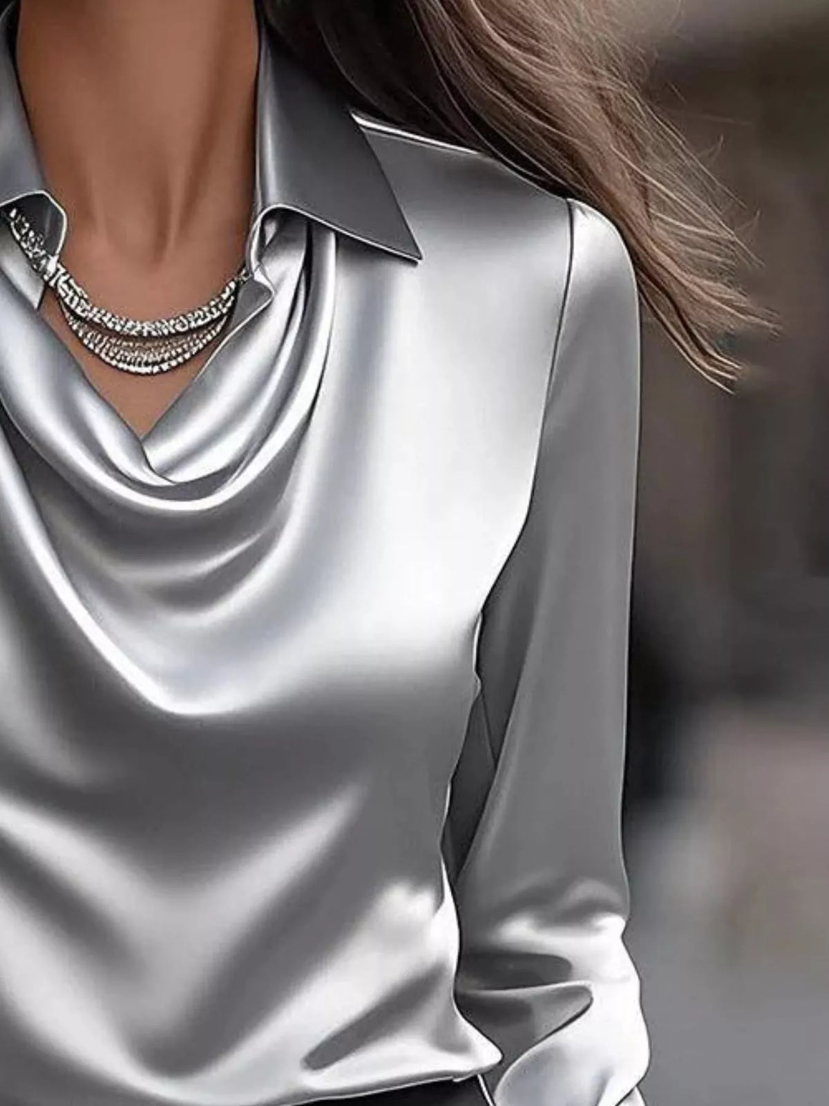 Ruched Long Sleeve Drape Collar Blouse (6)