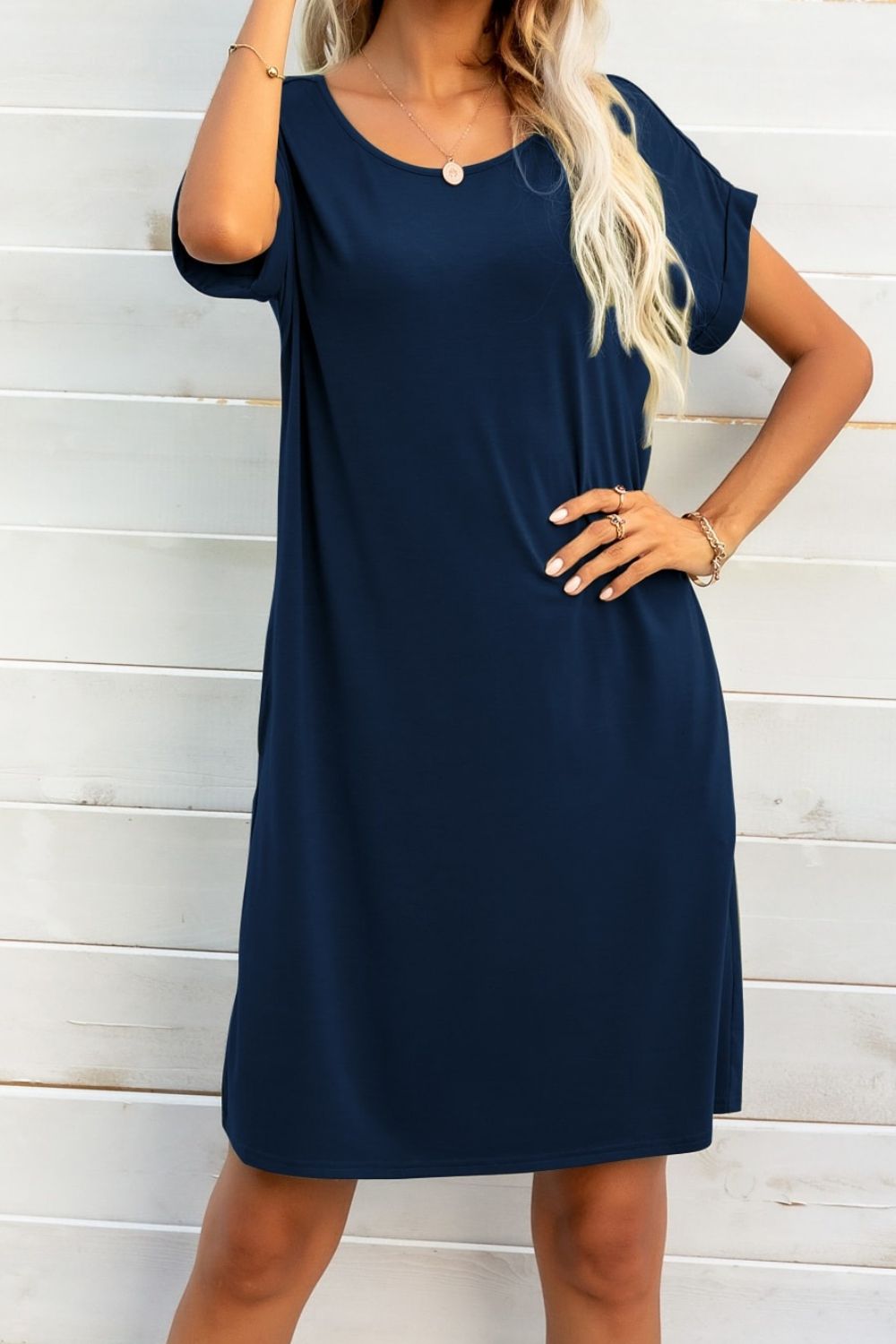 Scoop Neck Short Sleeve Pocket Dress (12)
