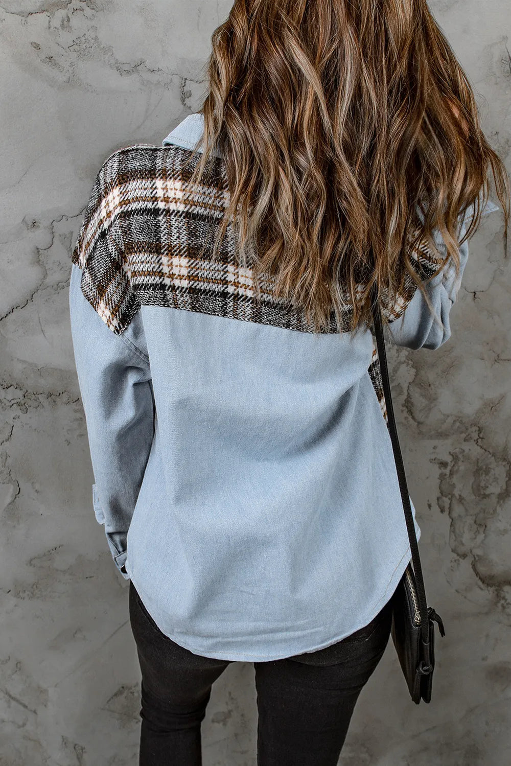 Plaid Pocketed Button Up Denim Jacket (8)