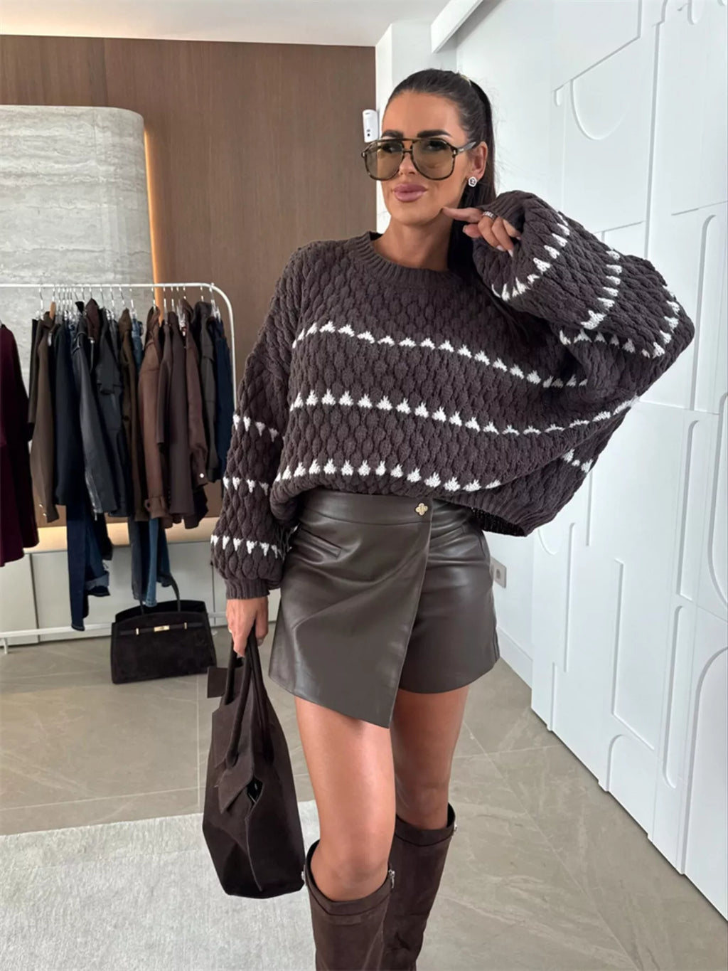 Chunky Knit Striped Sweater Balloon Sleeves (7)