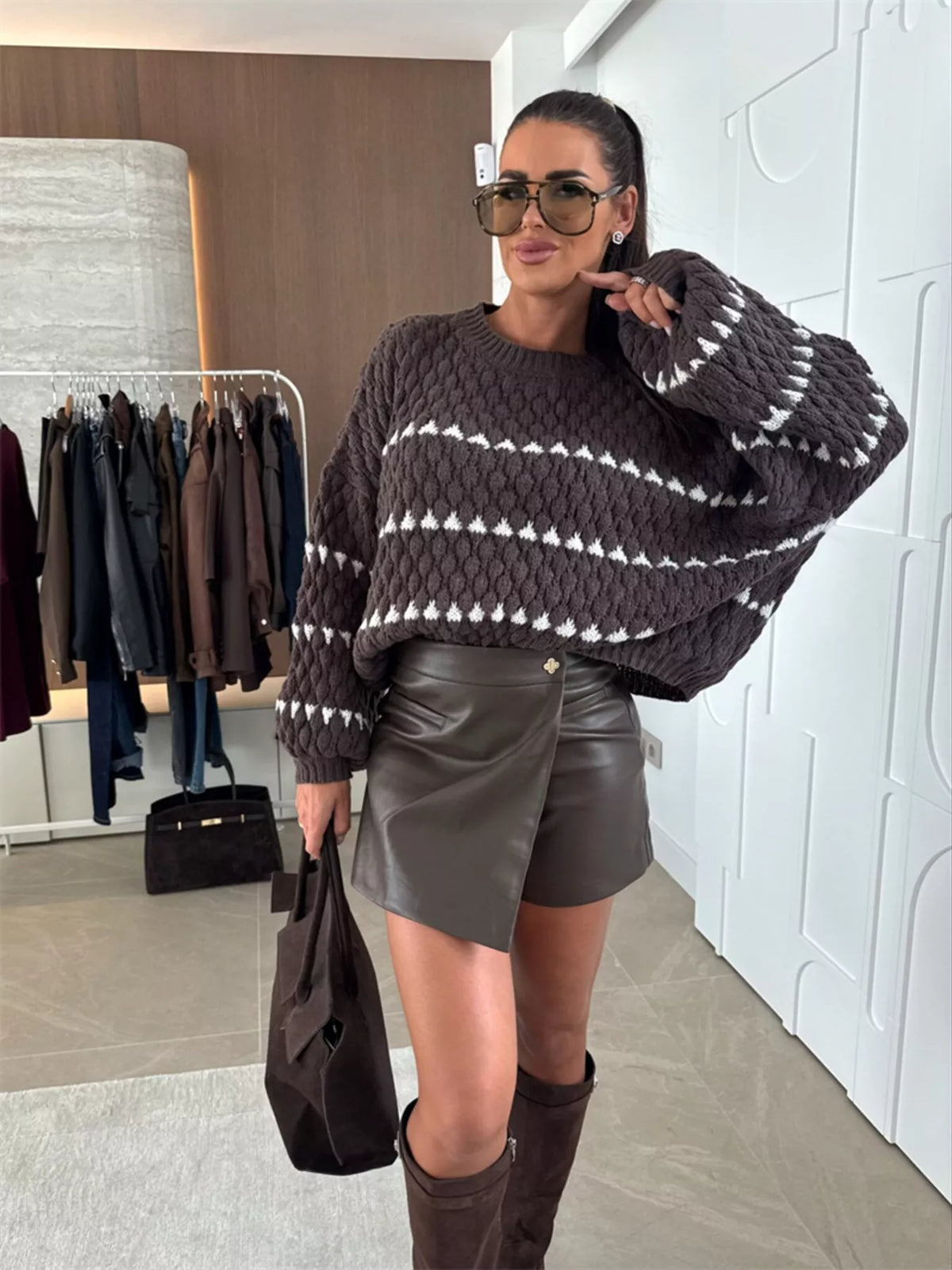 Chunky Knit Striped Sweater Balloon Sleeves (7)