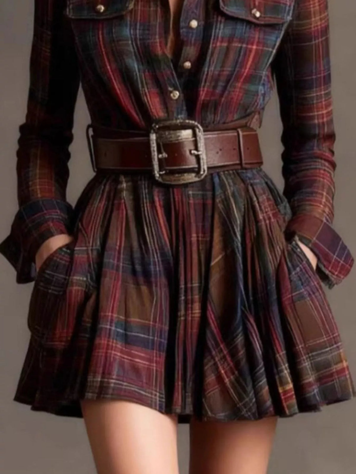Plaid Long Sleeve Shirt Dress (2)