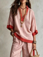 Full Size Contrast Trim Top Wide Leg Pants Set Plus (8)