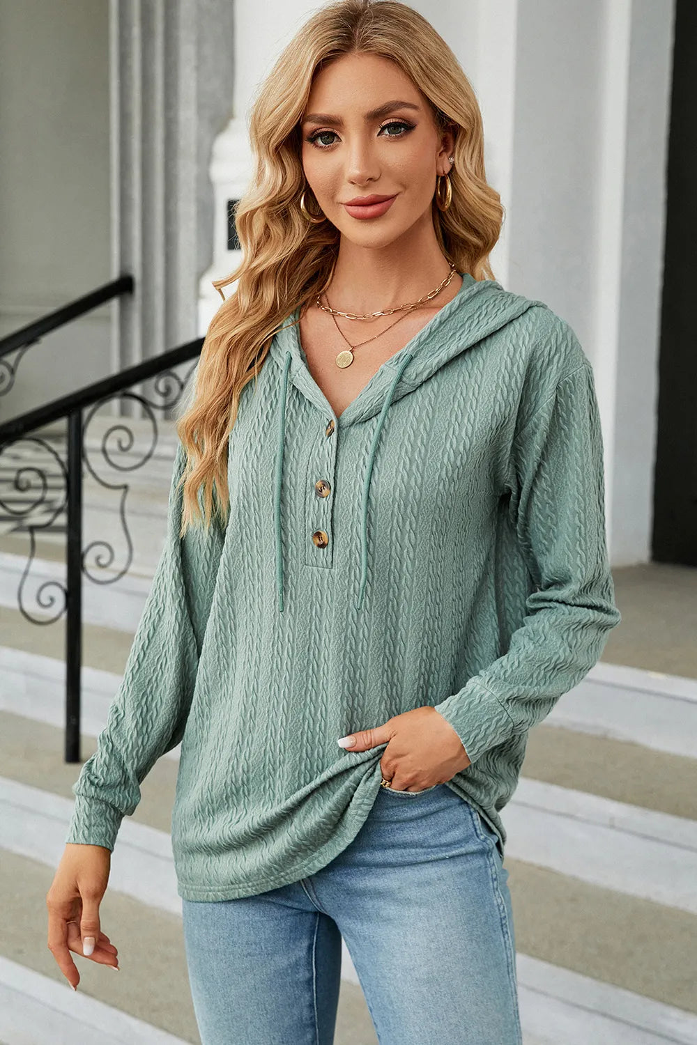 Drawstring Half Button Long Sleeve Hoodie (26)