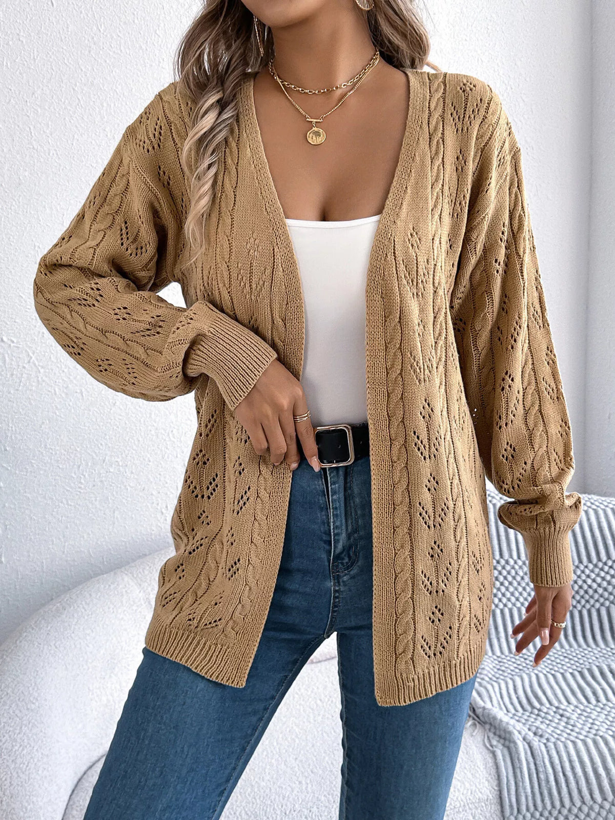 Openwork Open Front Long Sleeve Cardigan (9)