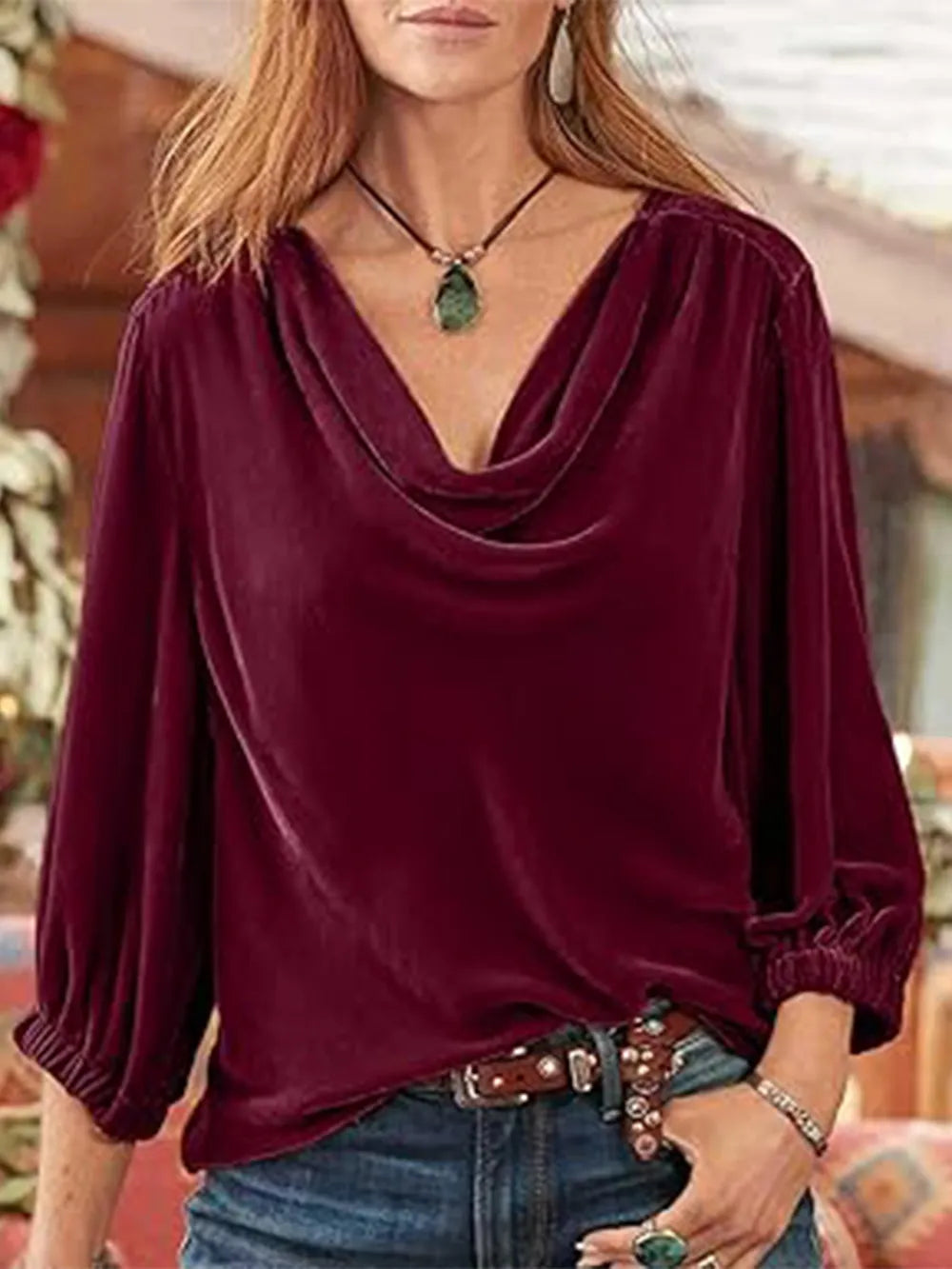 Cowl Neck Three-quarter Sleeve Top (9)