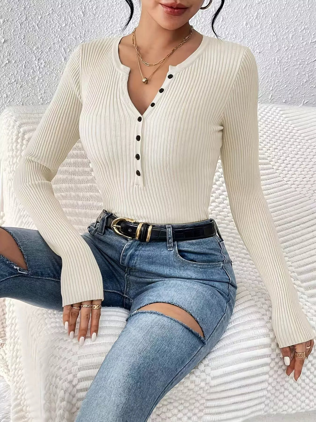 Ribbed Knit Button Front Top (23)