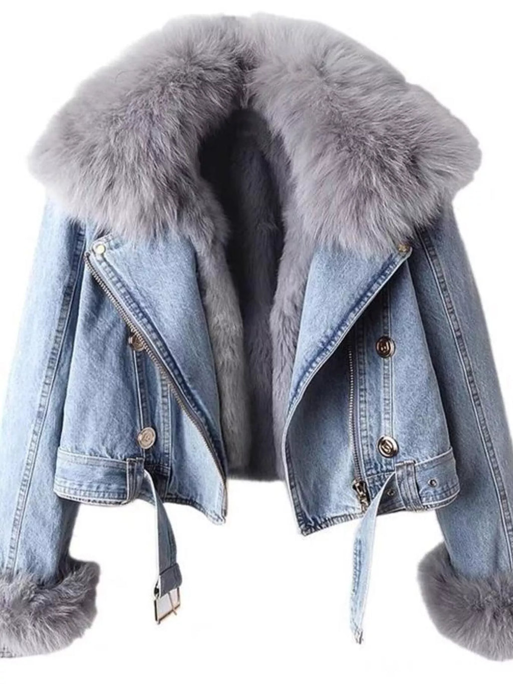 Full Size Faux Fur Collar Denim Jacket Plus (6)