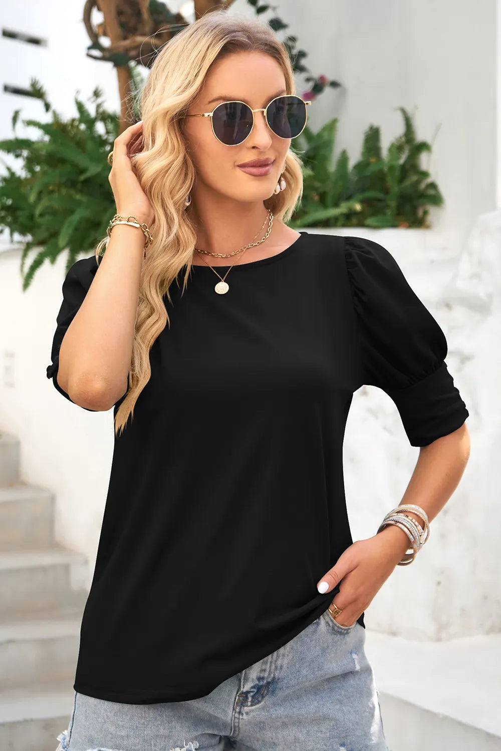 Round Neck Lantern Sleeve Blouse (14)