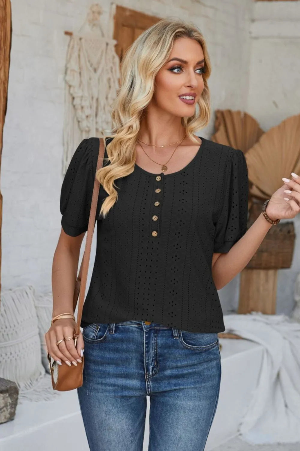 Eyelet Round Neck Short Sleeve Blouse (4)