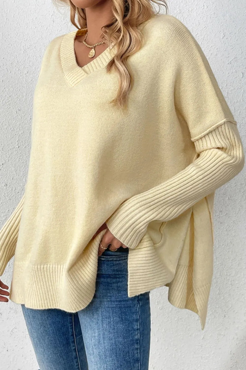 Slit V-neck Dropped Shoulder Sweater (5)