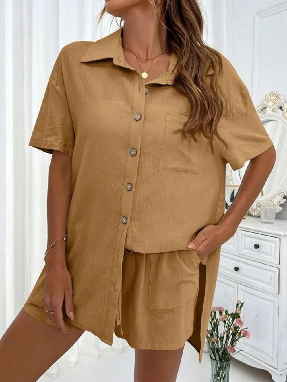 Button Up Shirt Drawstring Shorts Set (7)