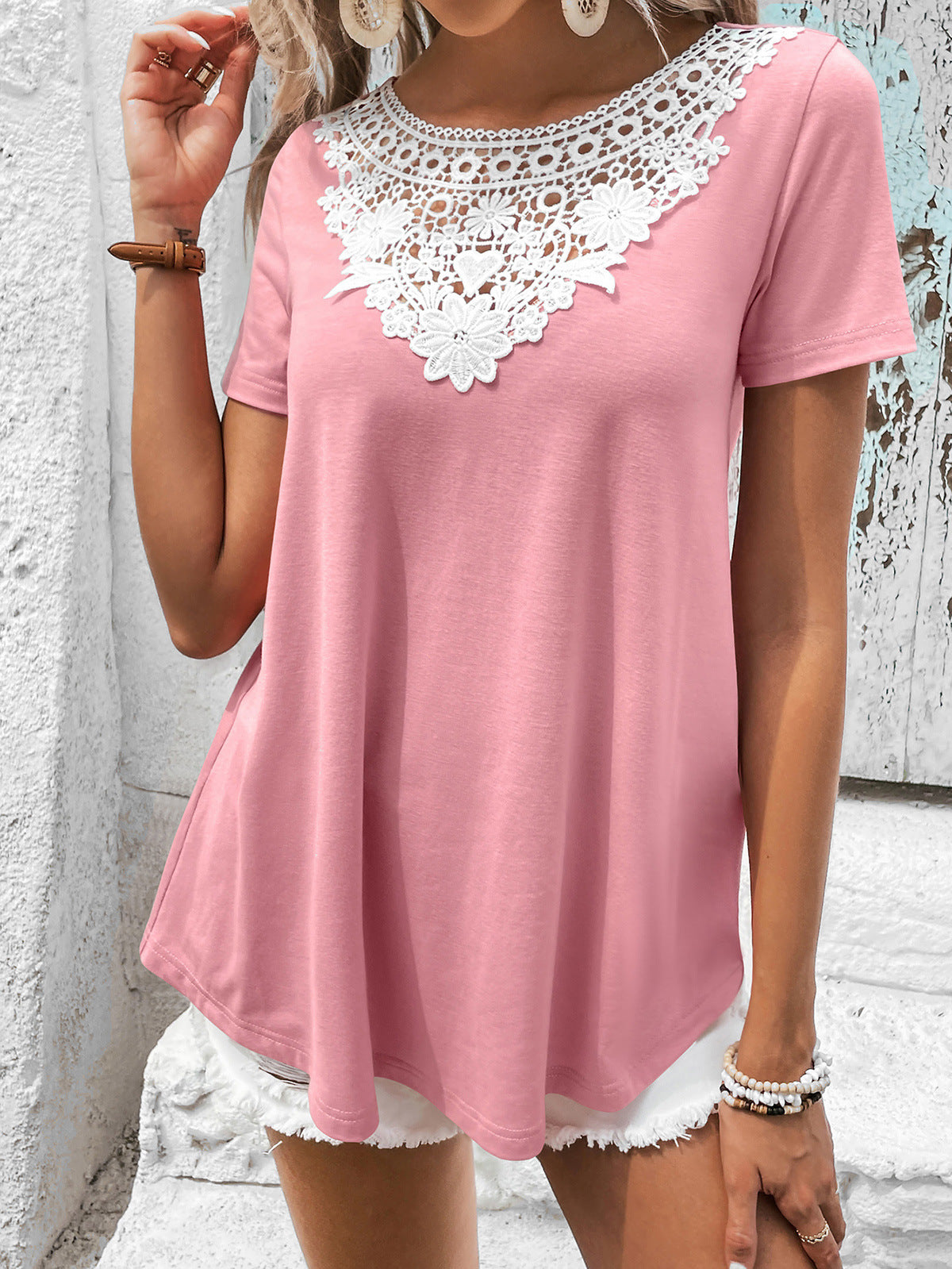 Spliced Lace Contrast Short Sleeve Top (5)