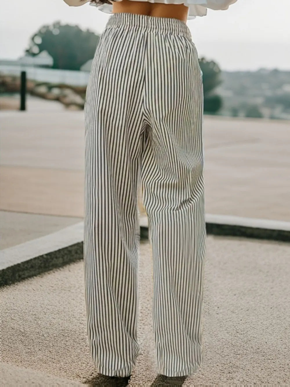 Drawstring Striped Elastic Waist Pants (2)