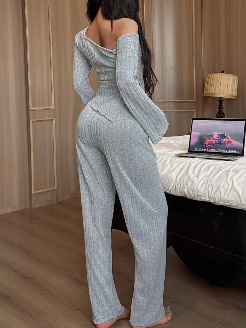 One-shoulder Ribbed Knit Top Pants Set (8)