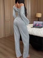 One-shoulder Ribbed Knit Top Pants Set (8)