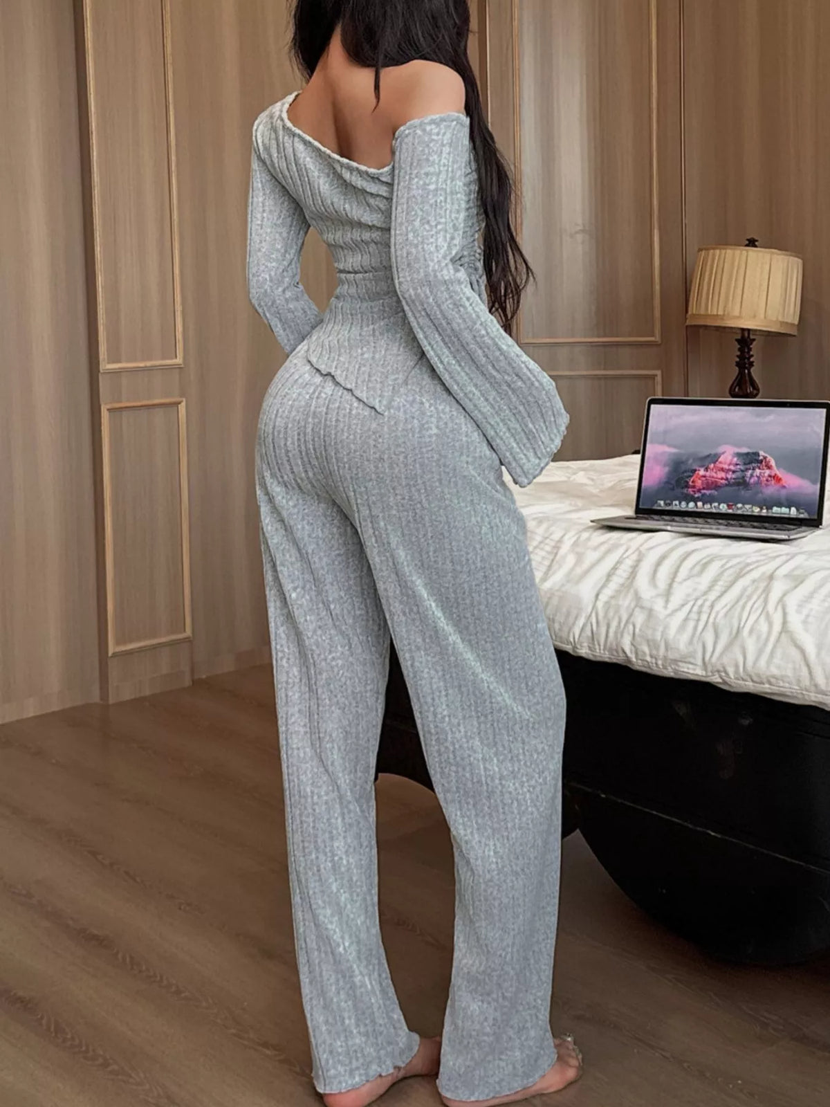 One-shoulder Ribbed Knit Top Pants Set (8)