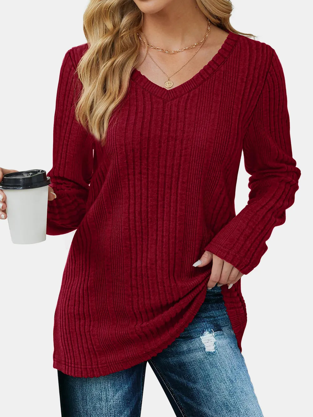 V-neck Long Sleeve T-shirt (3)