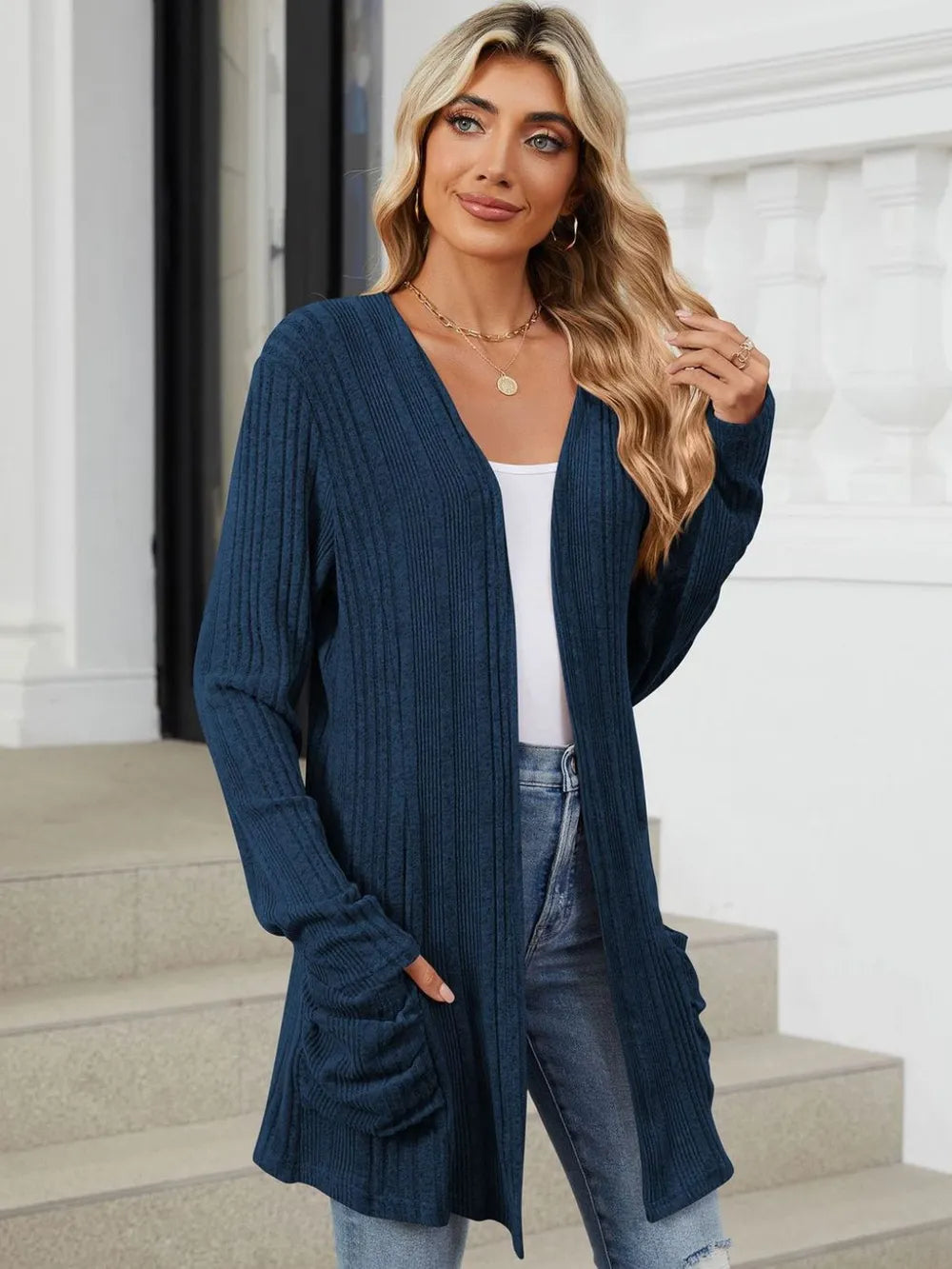 Pocketed Open Front Long Sleeve Cardigan (43)