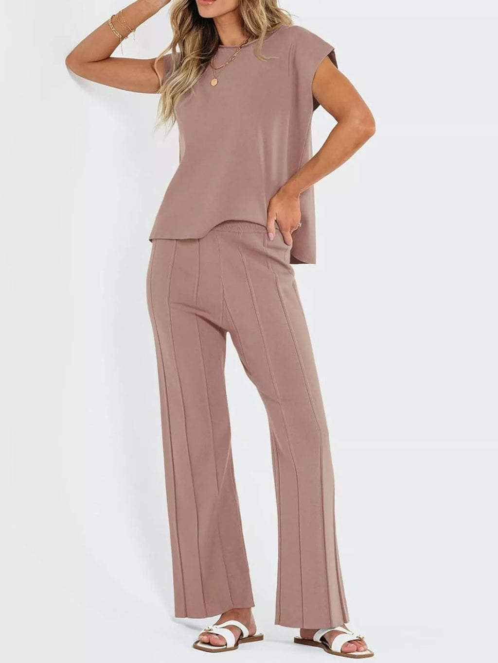 Casual Solid Color Cap Sleeve Top Pants Knit Set (6)