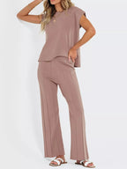 Casual Solid Color Cap Sleeve Top Pants Knit Set (6)