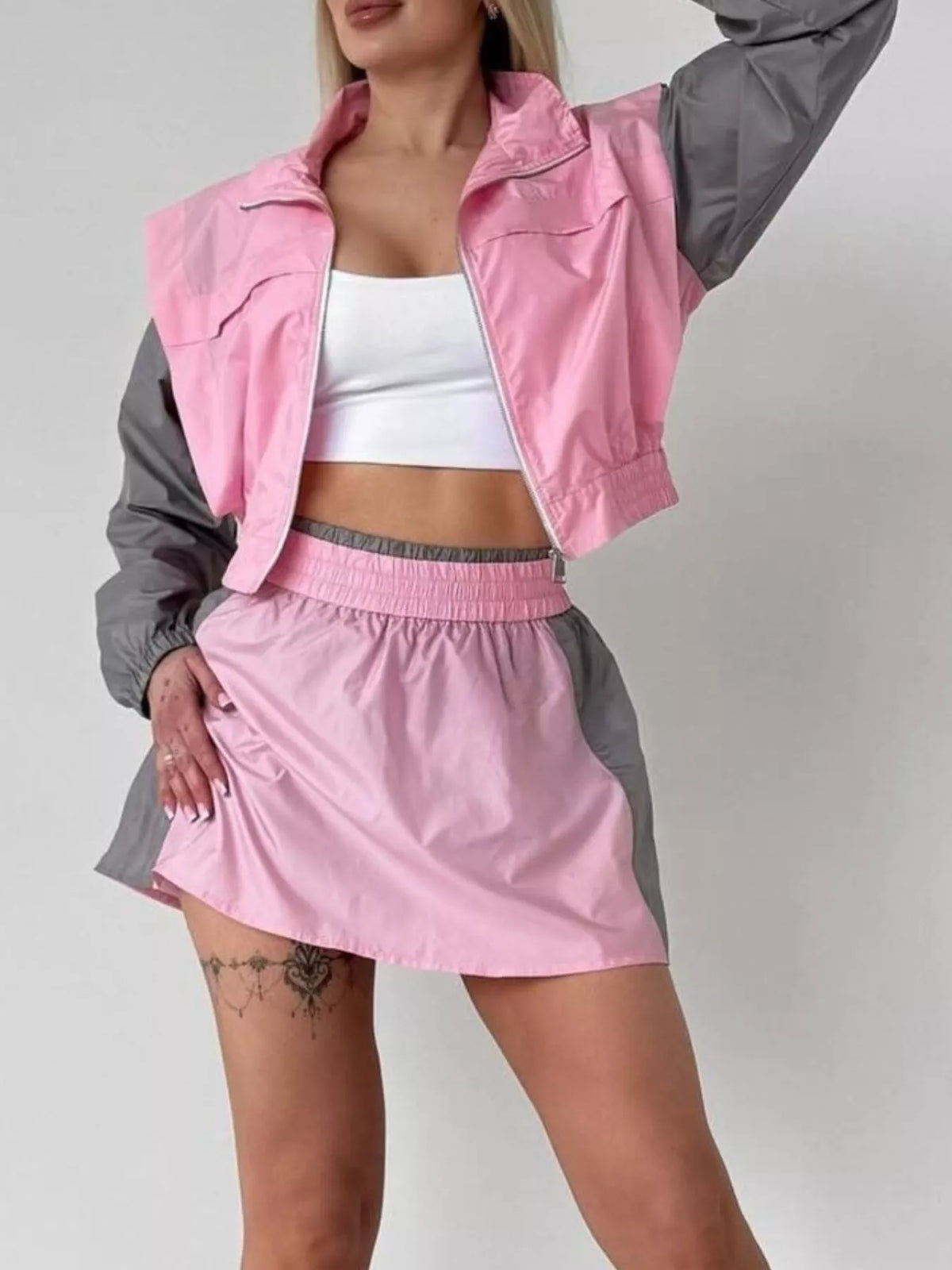 Color-block Cropped Jacket Skort Set