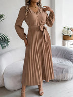 Pleated Tied V-neck Long Sleeve Dress (3)