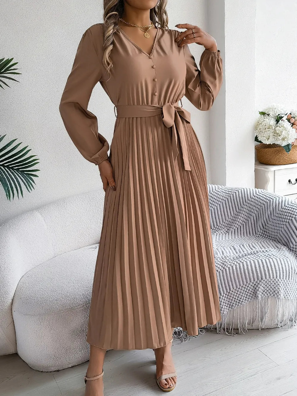 Pleated Tied V-neck Long Sleeve Dress (3)