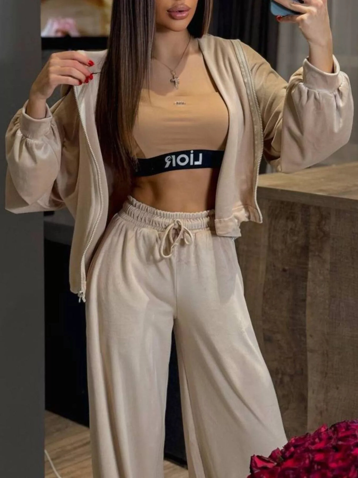Zip Up Cropped Outerwear Pants Set (18)