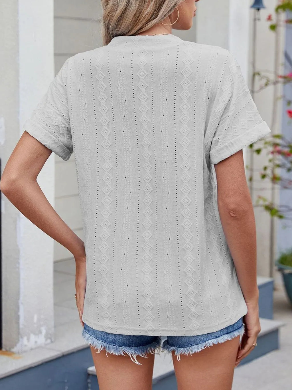 Eyelet Notched Short Sleeve Top (35)