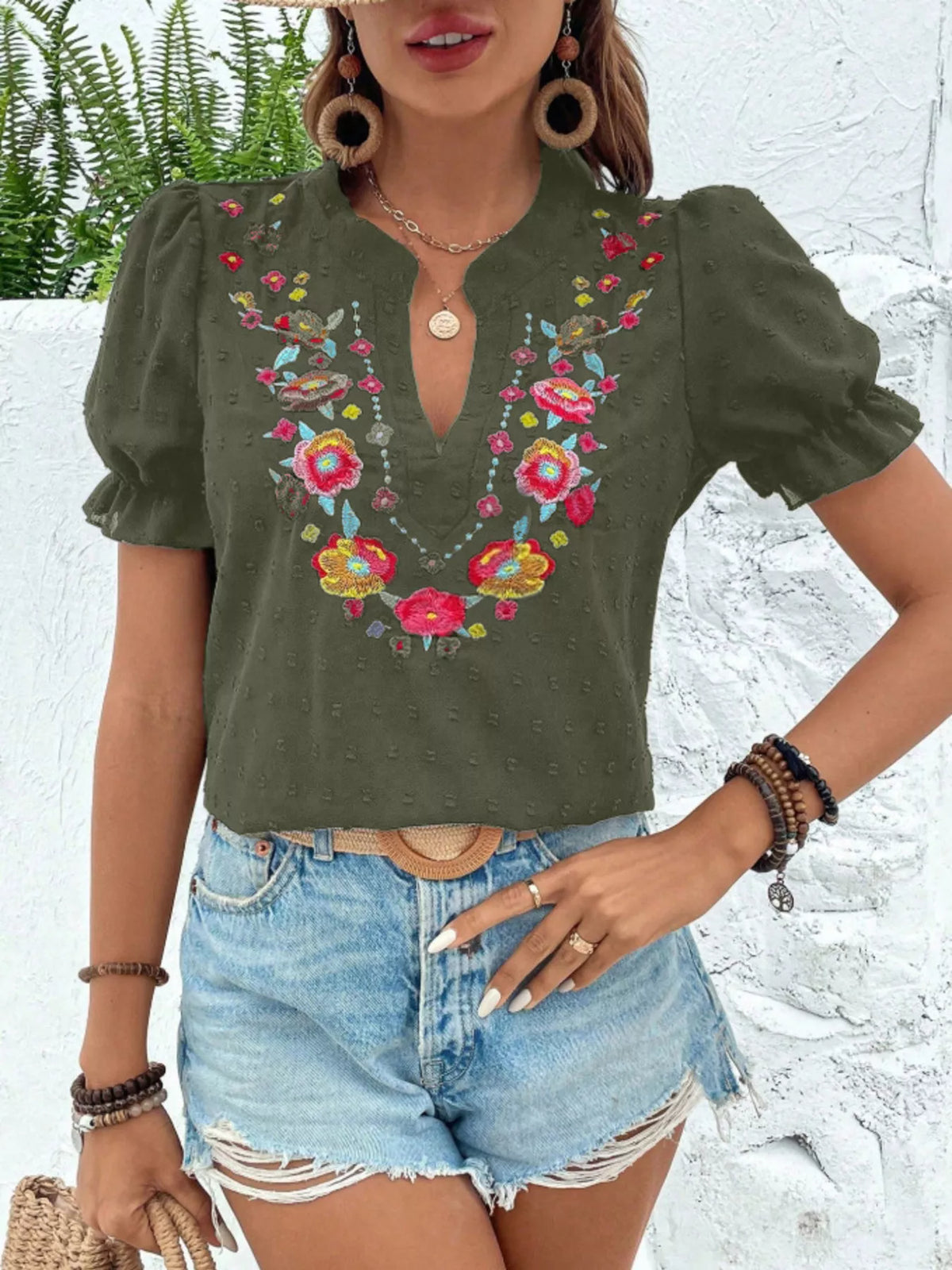 Floral Embroidered Puff Sleeve Blouse (8)