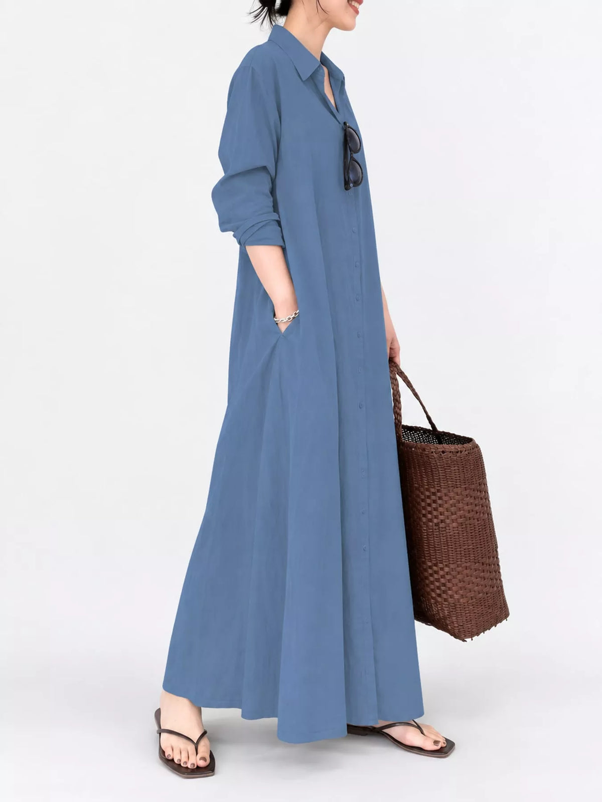 Full Size Button Front Long Sleeve Maxi Shirt Dress Plus (35)