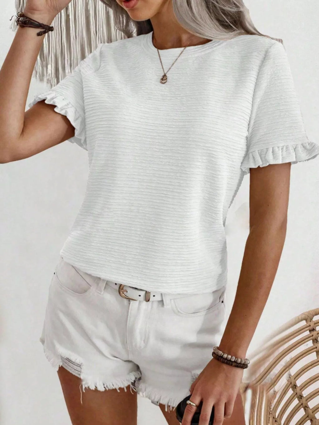 Textured Ruffle Sleeve Round Neck T-shirt (28)