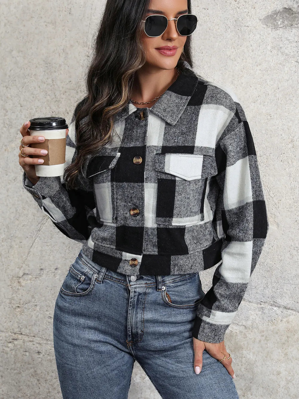 Plaid Button Up Drop Shoulder Cropped Jacket (9)