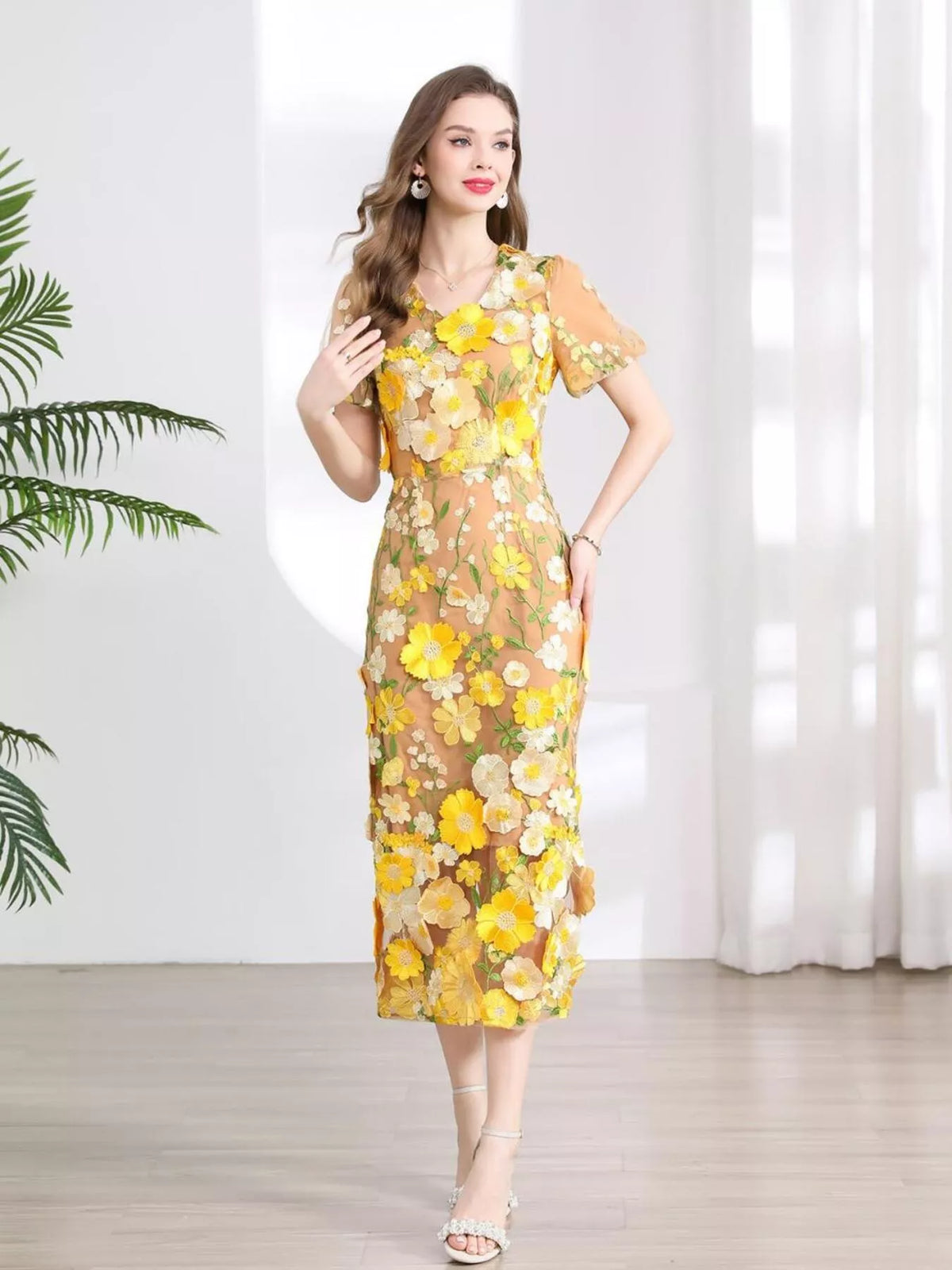 Floral Embroidered Puff Sleeve Midi Dress (8)